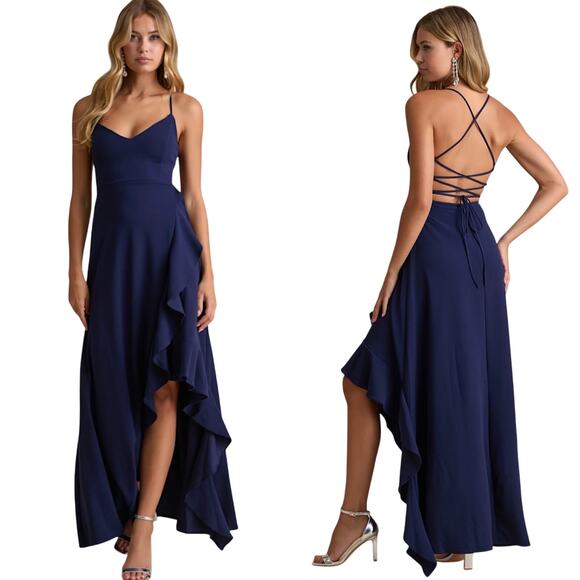 Lulus Caryl Dark Navy Ruffled Tulip High-Low Maxi Dress size Small NWT - Picture 1 of 6